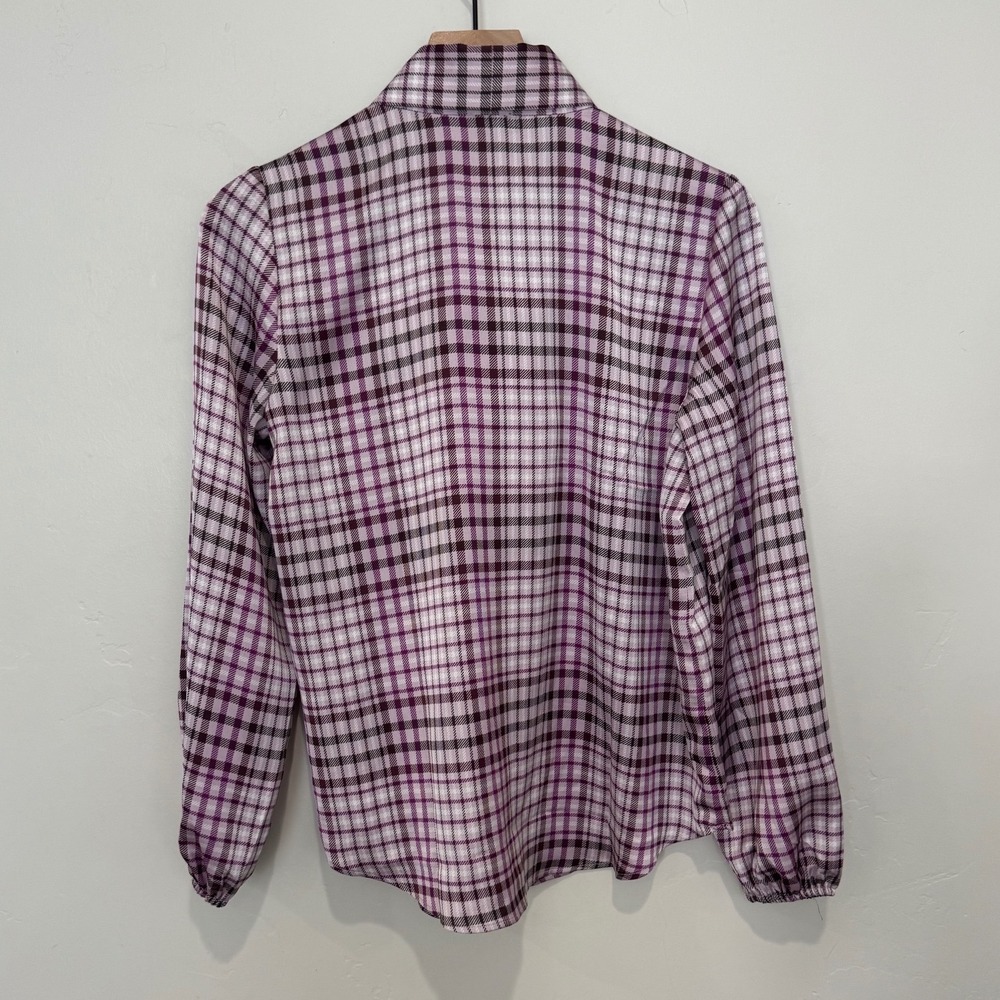 Ann Taylor Purple Plaid Tie Neck Blouse Long Sleeve Bow Top Size S Office Work - Picture 4 of 6